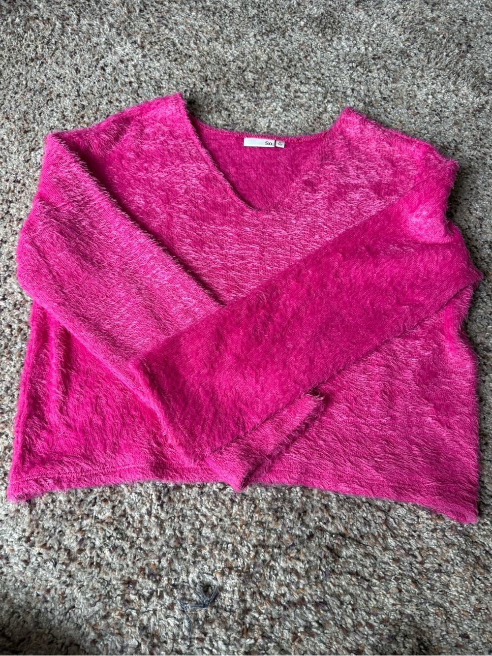 SO Bright Fuchsia V-Neck Fuzzy Sweater
